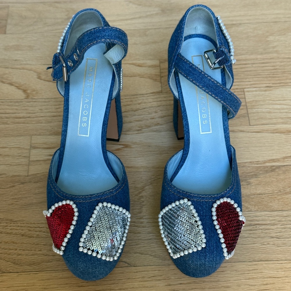 Marc Jacobs Denim Heels with Red and Silver Details